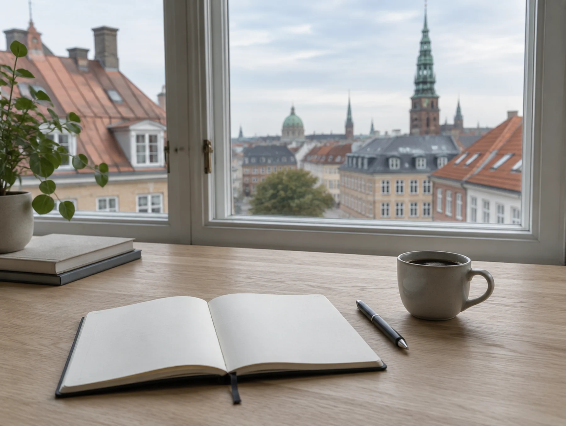Notesbog og kaffe ved et vindue med udsigt over Københavns tage