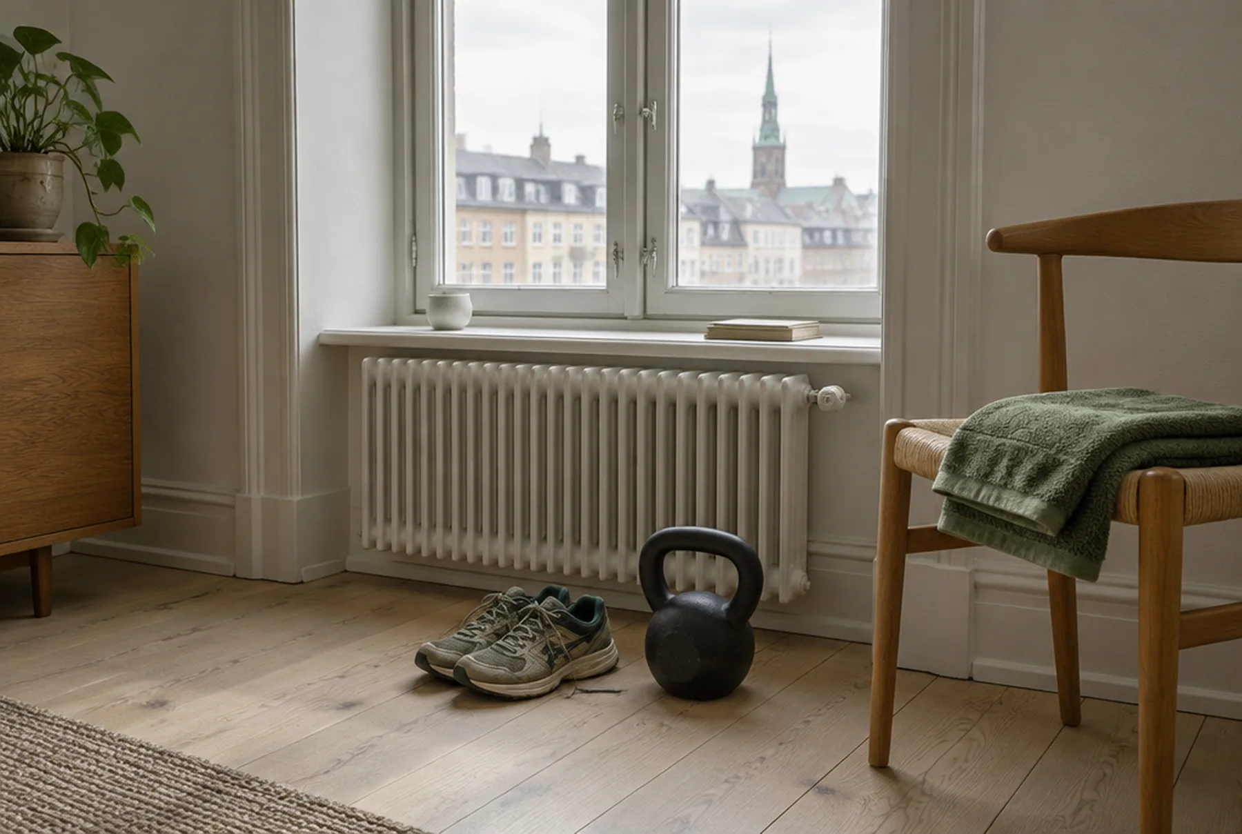 Løbesko og en kettlebell på et trægulv ved vinduet