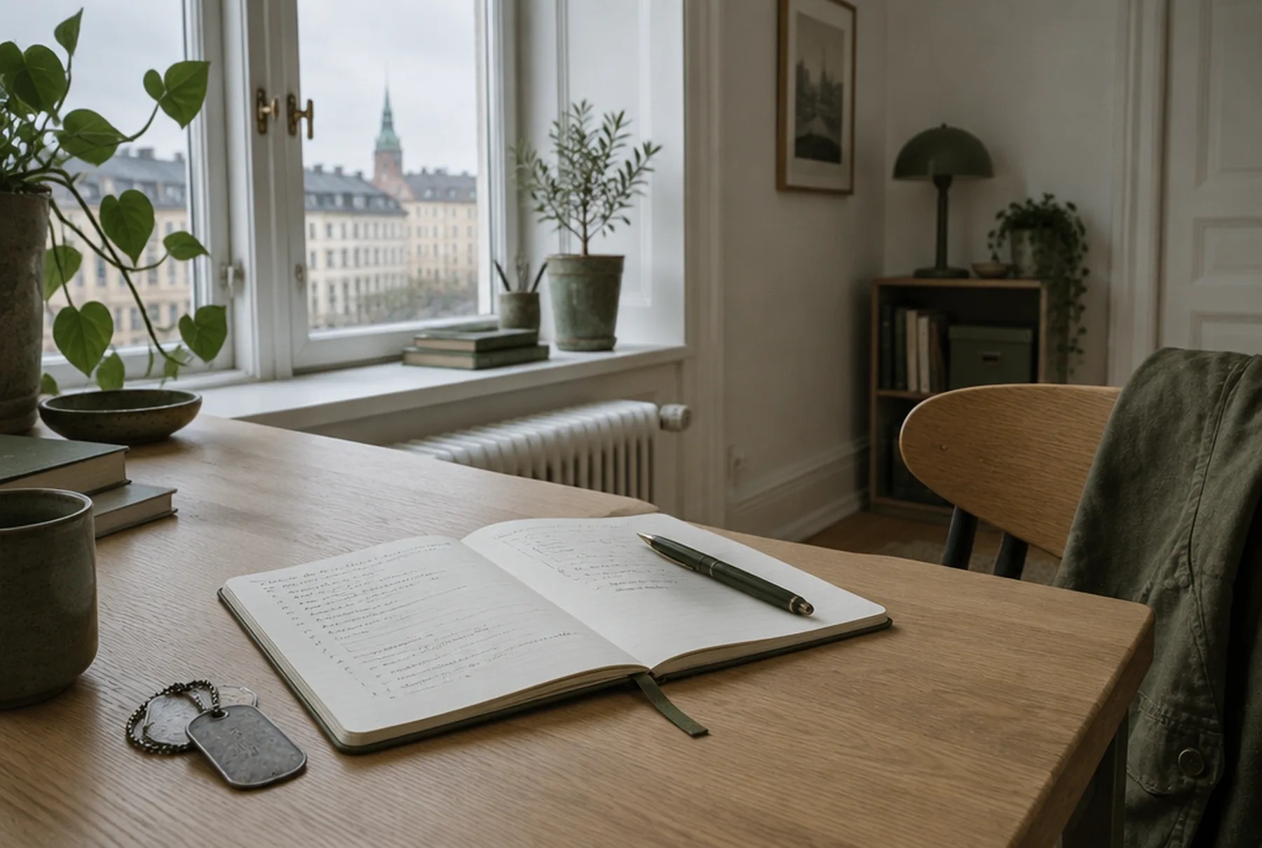 Notesbog med en håndskrevet plan og et par soldaterkendingsmærker på et egetræsbord