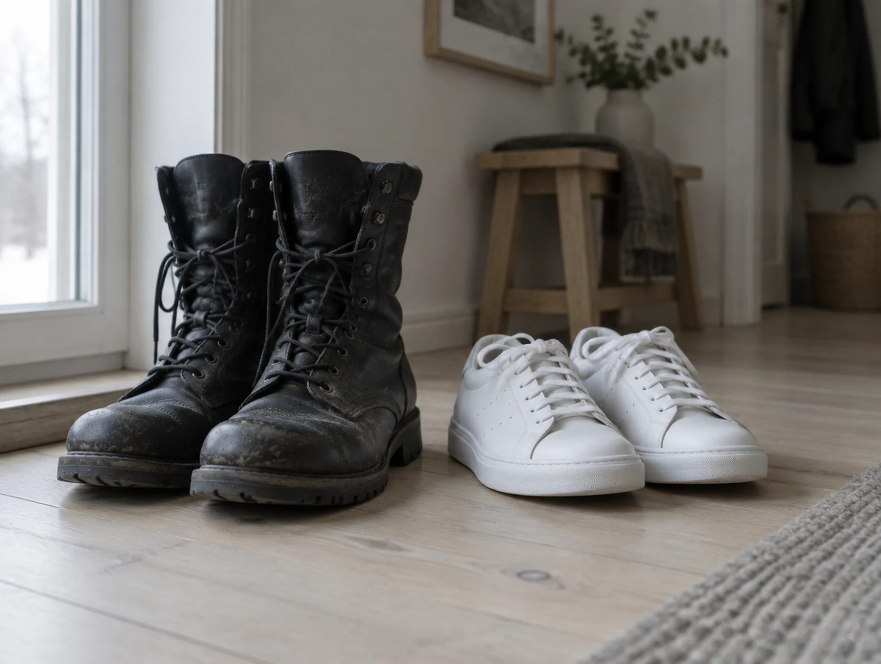 Militærstøvler ved siden af hvide sneakers – fra uniform til civilt liv