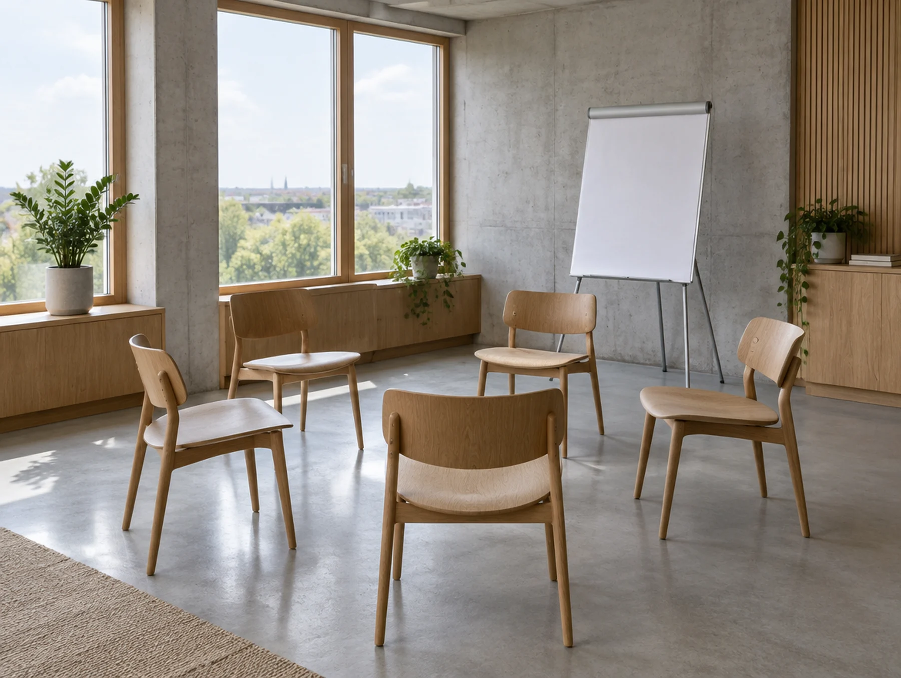 Lyst mødelokale gjort klar til workshop med stole i rundkreds